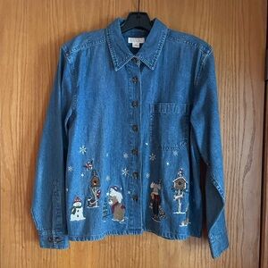 CHRISTOPHER & BANKS Snowflake Moose Bear Denim Shirt Jacket Embroidered Medium